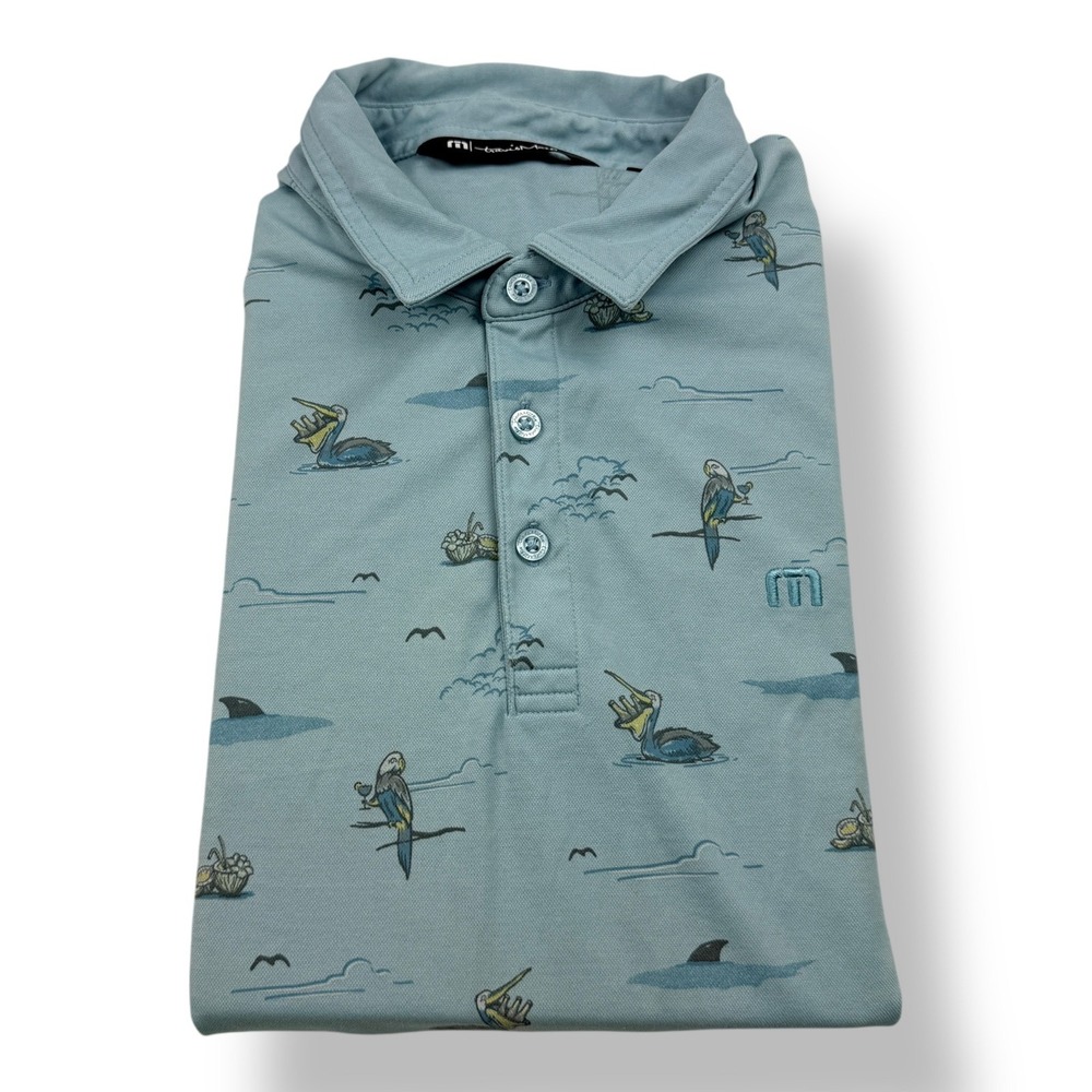 Travis Mathew Mens Medium Light Blue Tropical Bird Shark Print Golf‎ Polo Shirt